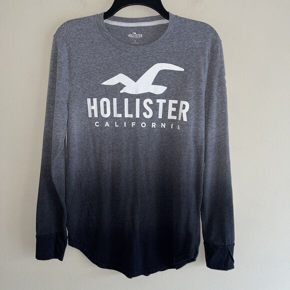 Hollister Ombre Long Sleeve Tshirt Size S Unisex Top Logo Blue Gray Gradient - Picture 1 of 6